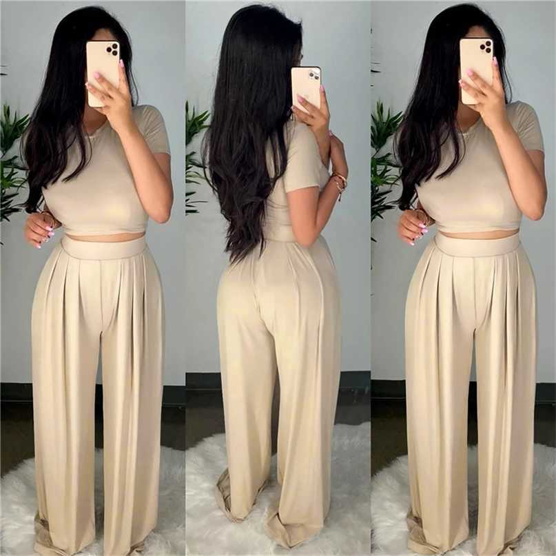 Wholesale Dropshpping High Quality Women Two-piece Sets Solid Color Tight Casual Top + Wide Leg Pants Elasticity 211105