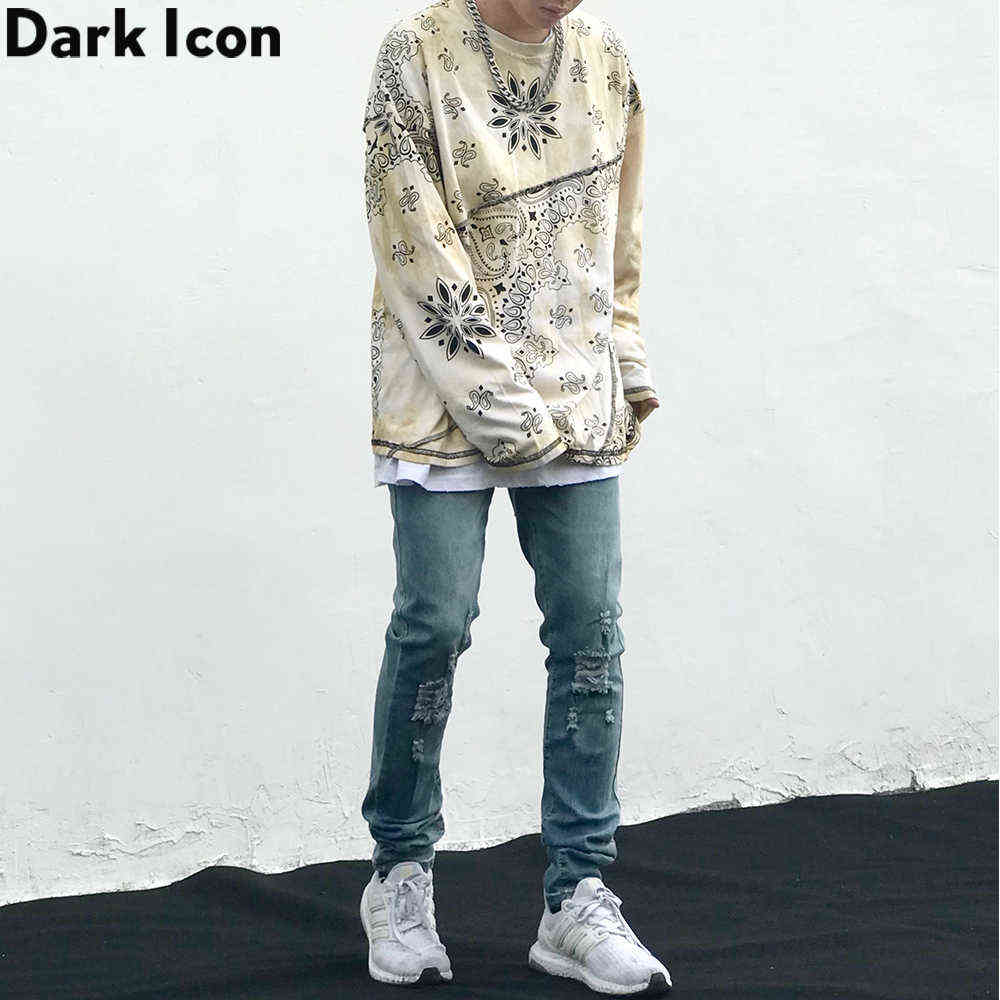 Tie Dyeing Bandana T-shirt Long Sleeve Round Neck High Street Men's TShirt Cotton Tee Shirts 210603