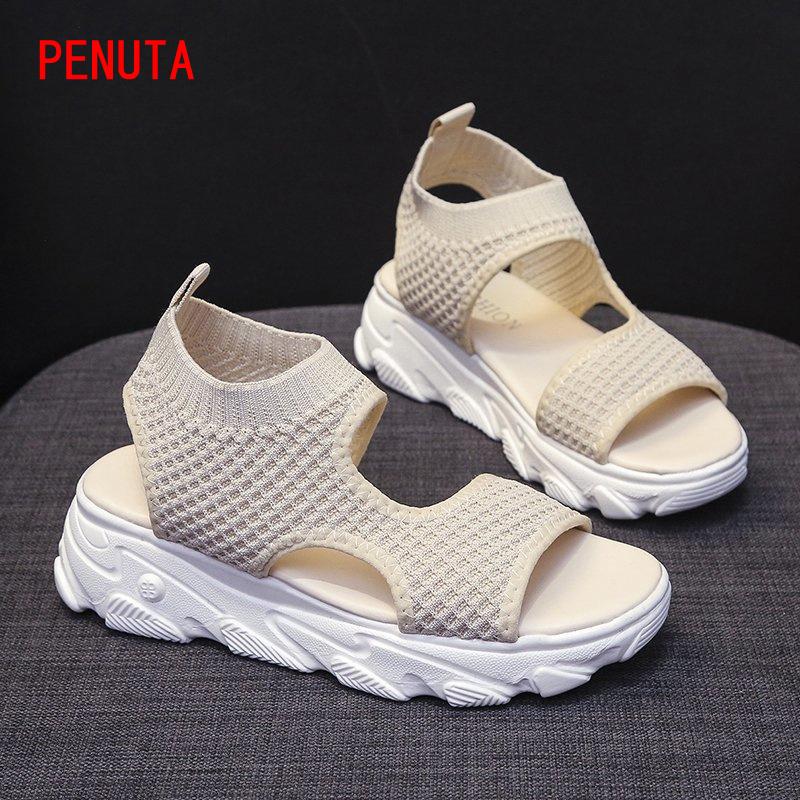 Stretch Fabric Sandals Women Casual Shoes Summer Sneakers Female Sport Peep Toe Platform Ladies Footwears P35S, Black