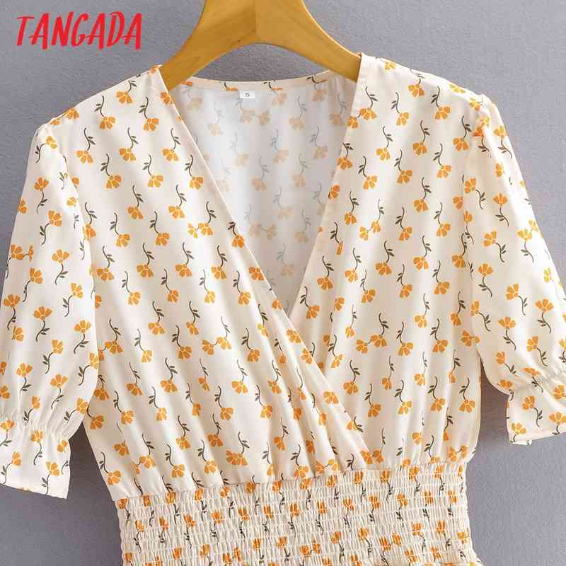 Summer Women Yellow Floral Print French Style Short Sleeve Ladies Midi Dress Vestidos 1F125 210416