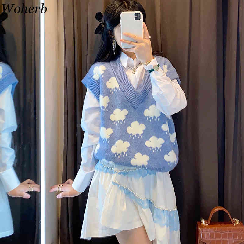 Kawaii Knitted V-neck Sweater Vest Women Cloud Print Blue Knitwear Waistcoat Spring Cute Girls Gilet All Match 210519