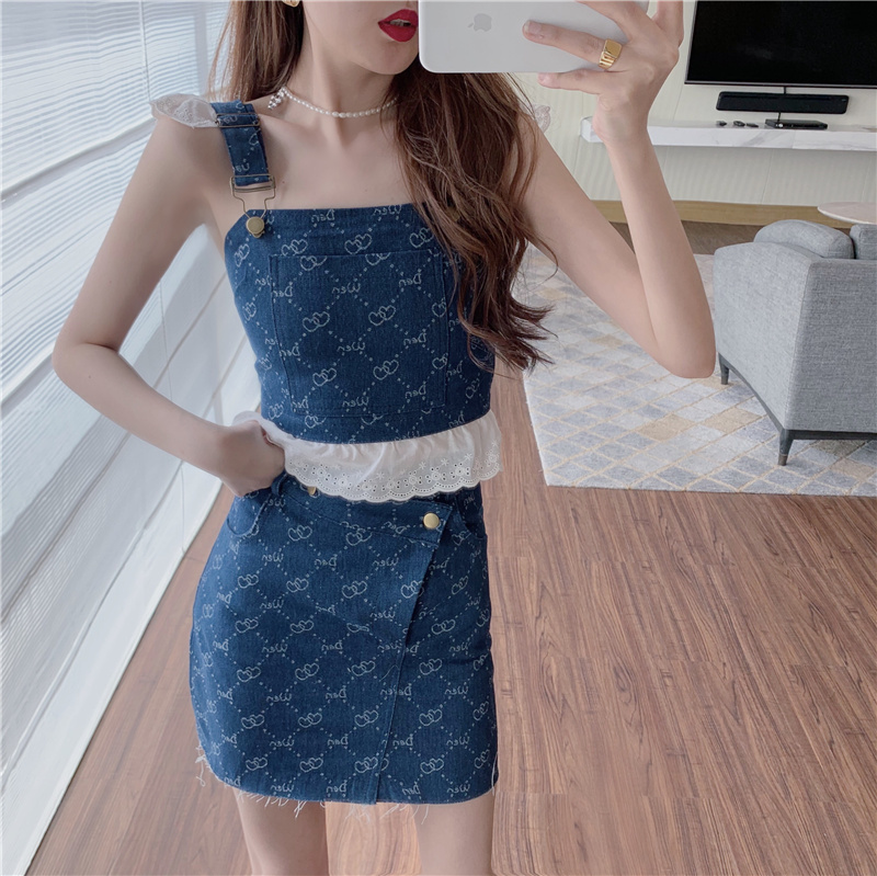 Korea Chic Suit Summer Sweet Cute Denim Sling Ruffles Crop Top + Fashion Mini Short Skirts Slim Two Piece Set 210519
