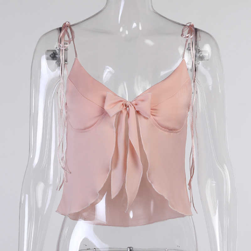 Colysmo Pink Satin Cami Bow Lace up Slim Fit Solid Color Crop Tank Top Women Casual Streetwear Summer Sexy Party Club Corset 210527