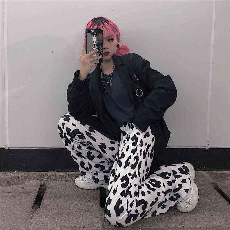 HOUZHOU Cow Print Wide Leg Pants Women Oversize Korean Style Harajuku Trousers Female Summer Street Aesthetic High Waist 211115