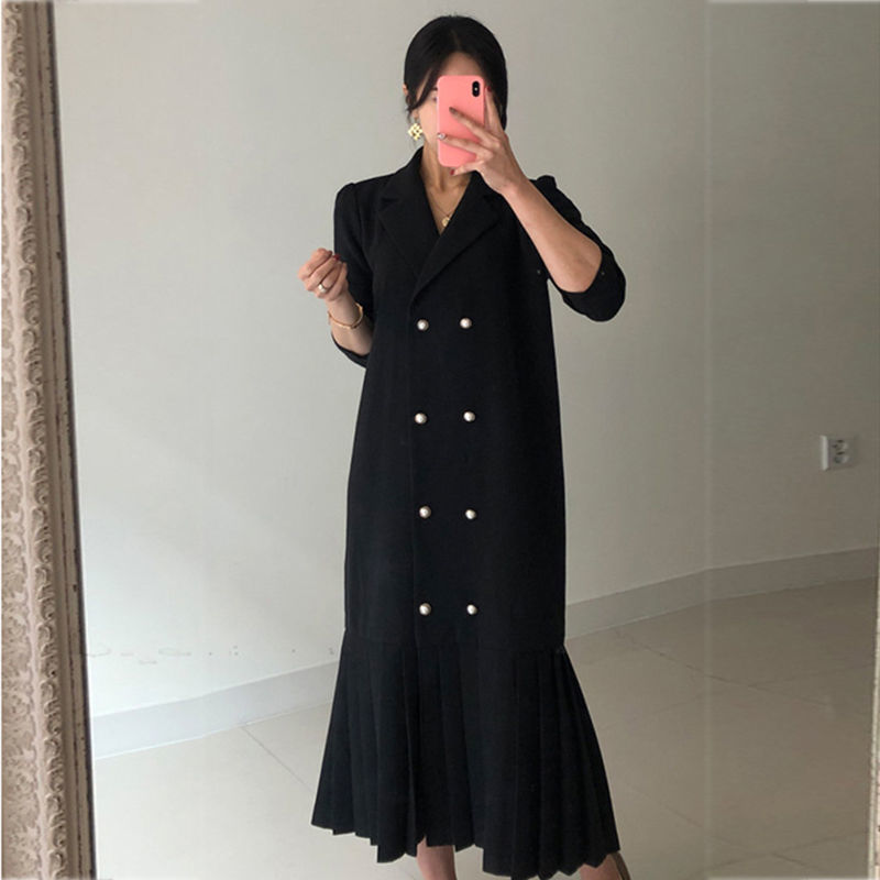 Long Trench Dress Women Suit Color Sleeve Minimalist Fashion Career OL Maxi Dresses High Quality Vestidos 210421