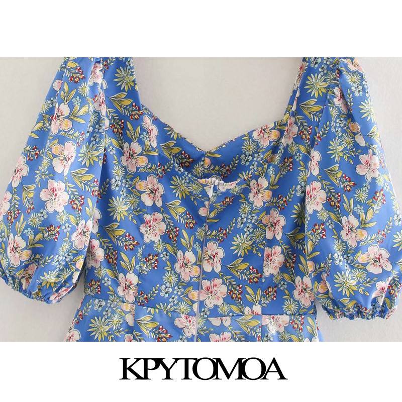 Women Chic Fashion Floral Print Mini Dress Backless Zipper Puff Sleeves Female Dresses Vestidos Mujer 210420