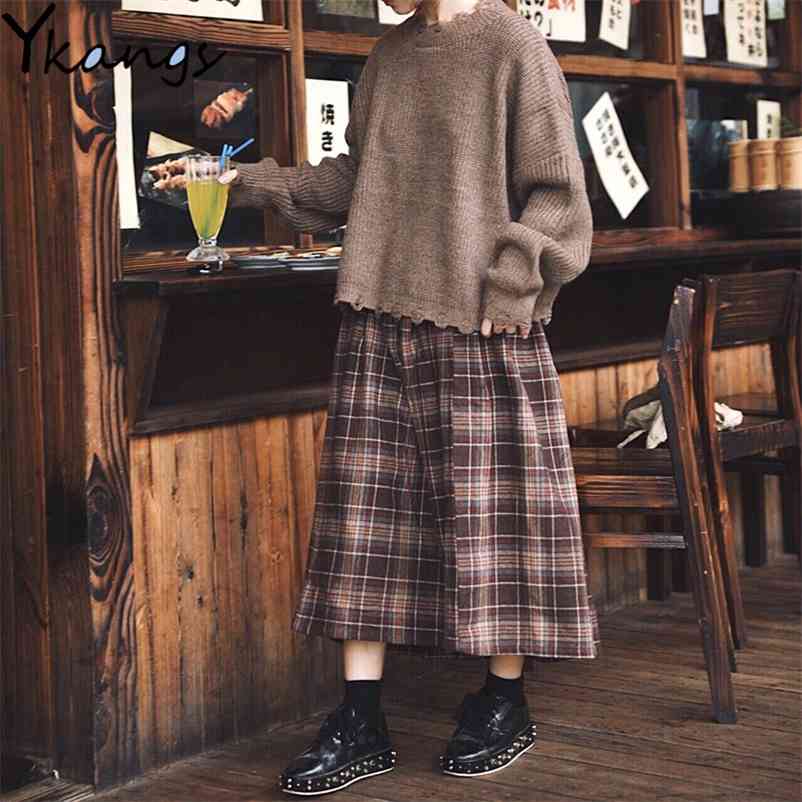 japanese style elastic high waist Long Skirts womens autumn plaid A-line pleated Female winter Wool Warm Streetwear 210421