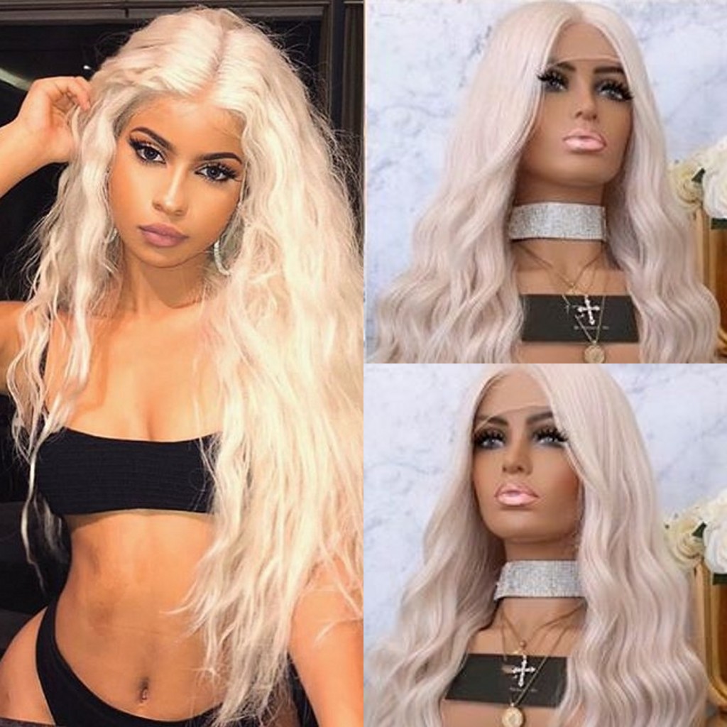 Free shipping Platinum Blonde Synthetic Lace Front Wig Long Wavy Cosplay Hair Heat Resistant Fiber Glueless Daily Wigs For Women 24 Inches