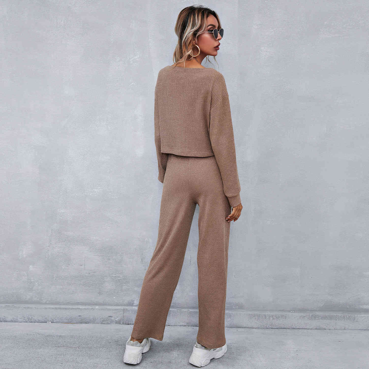 women knitted suits Spring Autumn long sleeve O-neck pullovers +full straight pants female Casual knit track set 210524