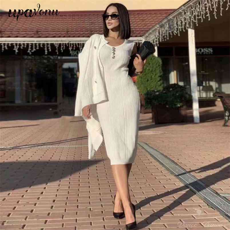 Free Autumn Women's Sweater Knit Dress Two-piece Elegant Jacket & O-neck Sleeveless Bodycon Vestido 210524