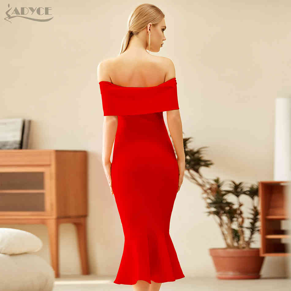 Winter Women Red Off Shoulder Short Sleeve Club Bodycon Bandage Dress Sexy Mermaid Celebrity Runway Party Dresses 210423
