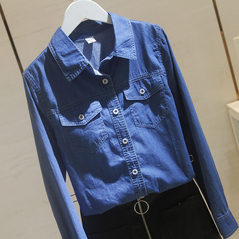Spring Autumn Korea Fashion Women Long Sleeve Turn-down Collar Shirts Double Pocket Cotton Denim Casual Blue Blouse S304 210512