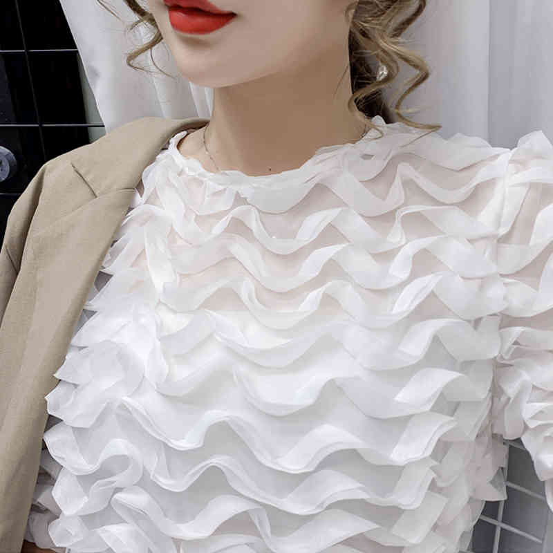 Women Blouse Niche Temperament Mesh Summer Chiffon Shirts Solid Blue Tops Round Collar Clothes Blusas 14464 210506