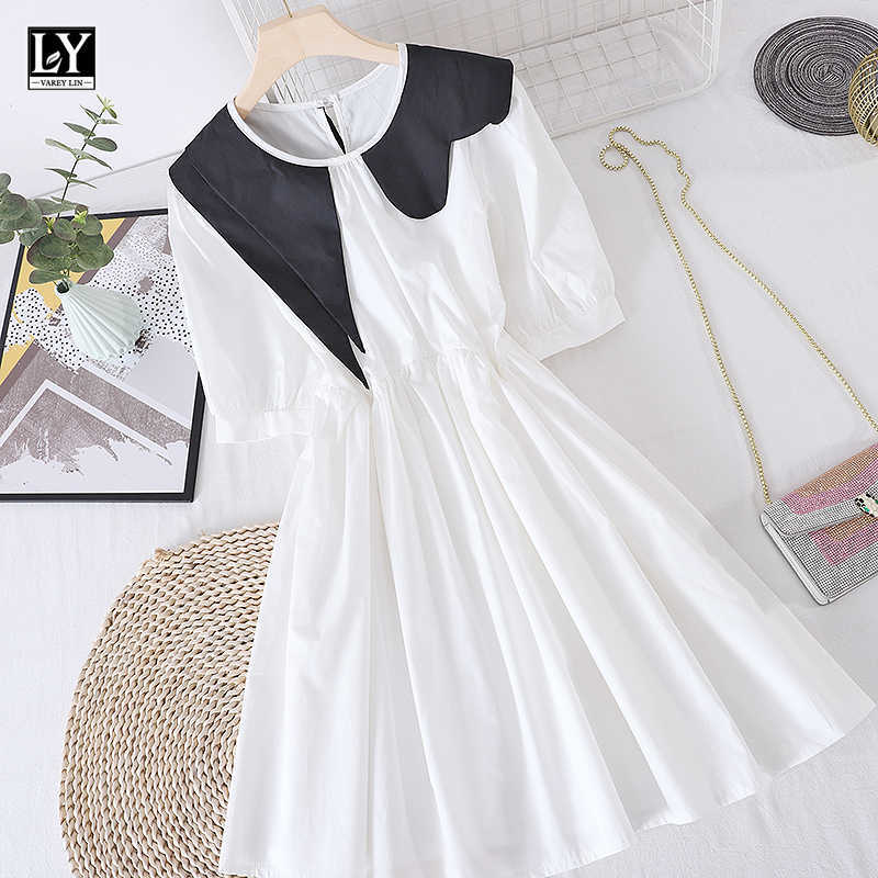 LY VAREY LIN Summer Women Casual Loose High Waist White Black Dresses Sweet Irregular Peter Pan Collar Puff Sleeve 210526