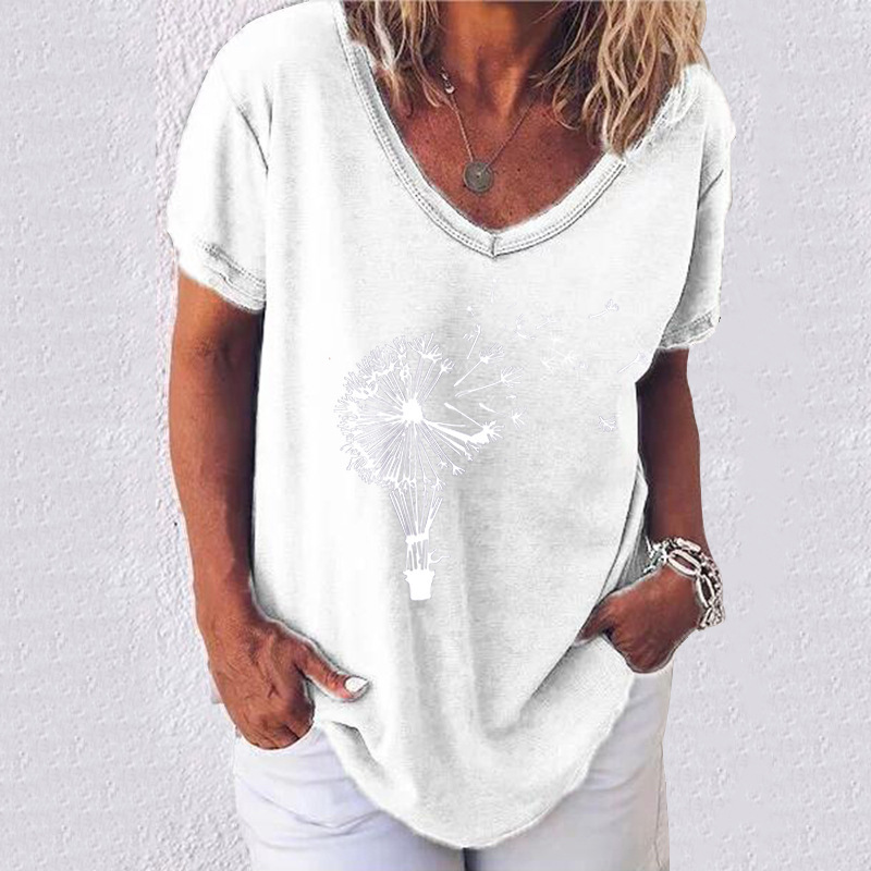Plus Size Women Dandelion Print T-shirts Casual V-Neck T-shirt Solid Color Short Sleeve Tops Summer Elegant Lady Pullover 5XL 210515