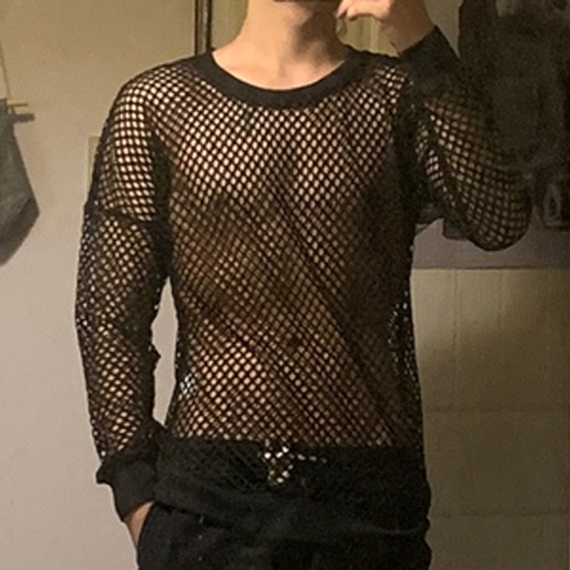 Mens Sexy Fishnet See Through T-Shirt Long Sleeve Transparent Tshirt Homme Punk Gothic Nightclub Prom T Shirt for Men Camisetas 210623