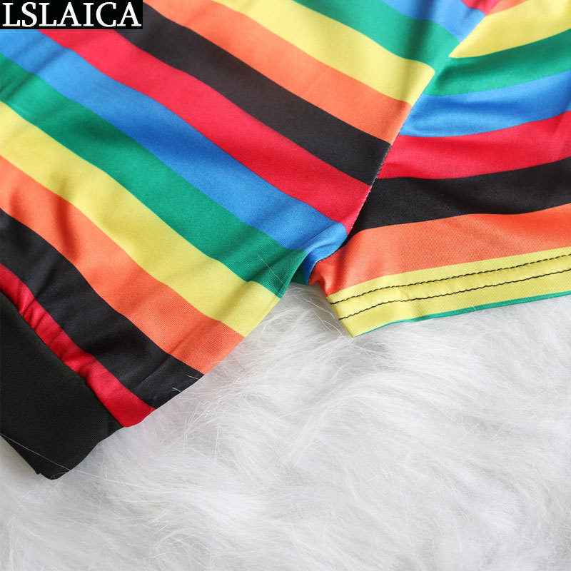 Fashion two piece set women short tops&shorts colorful rainbow striped print outfits casual elegant sets 210515