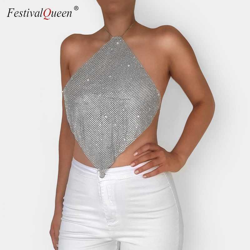 FestivalQueen Sexy Halter Diamonds Crop Top Low Cut Adjustable Metal Chain Backless Camisole Cropped Top 210625