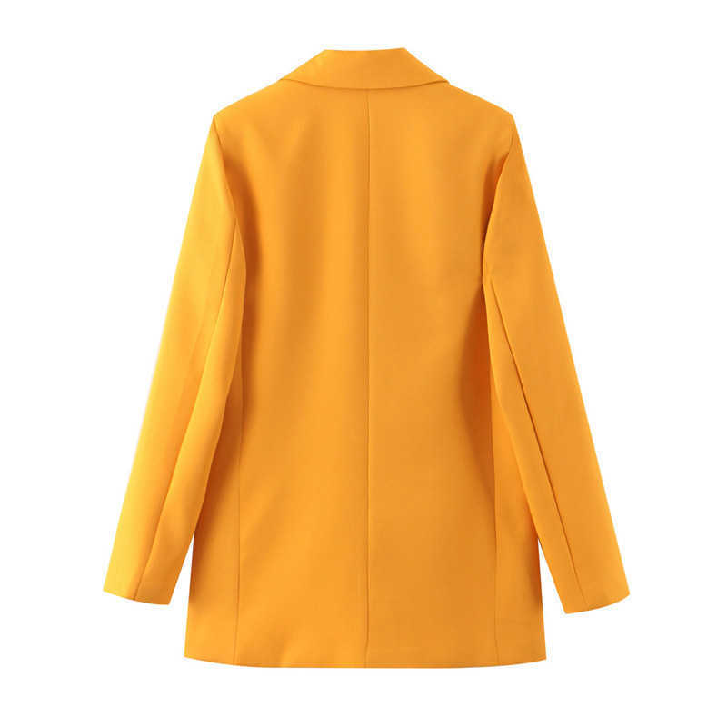 Chic long sleeve women blazer jacket Pocket Single Button office ladies yellow Casual streetwear female outwear tops coat 210930