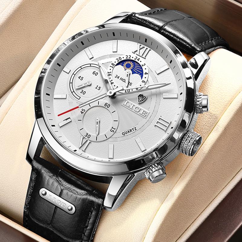 

Wristwatches 2022 Moon Phase Mens Watches LIGE Top Brand Leather Waterproof Automatic Date Quartz Watch For Men Chronograph Male Clocks, Silver white