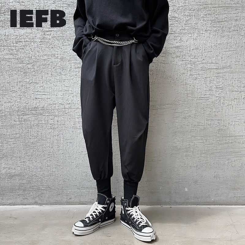 IEFB Men's Causal Pants Personalized Niche Turnup Pants Black Loose Streetwear Chian High Waist Trousers 9Y6695 210524