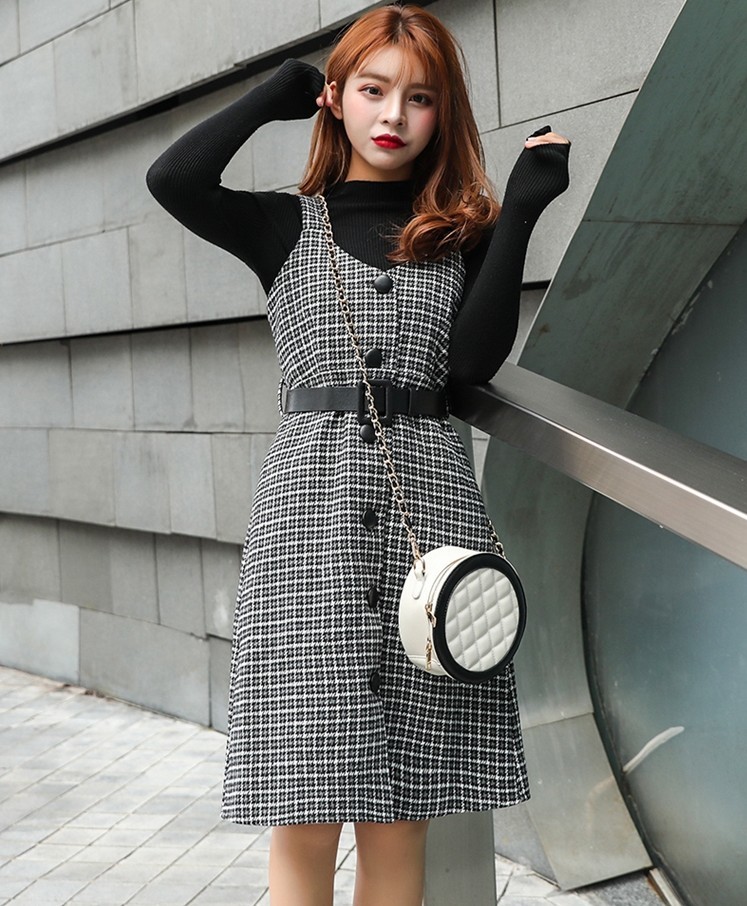 Autumn Winter 2 Piece Set Woman fashion Long Sleeves Knitted T-shirt + Vest Plaid Tweed Dress Female Outfits 210519