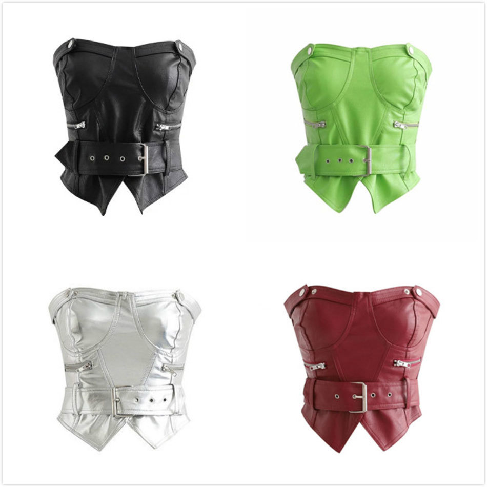 Free Fashion Wrapped Chest PU Leather Top Women's Sexy Strapless Belt Halter Vest Club Nightclub Short 210524