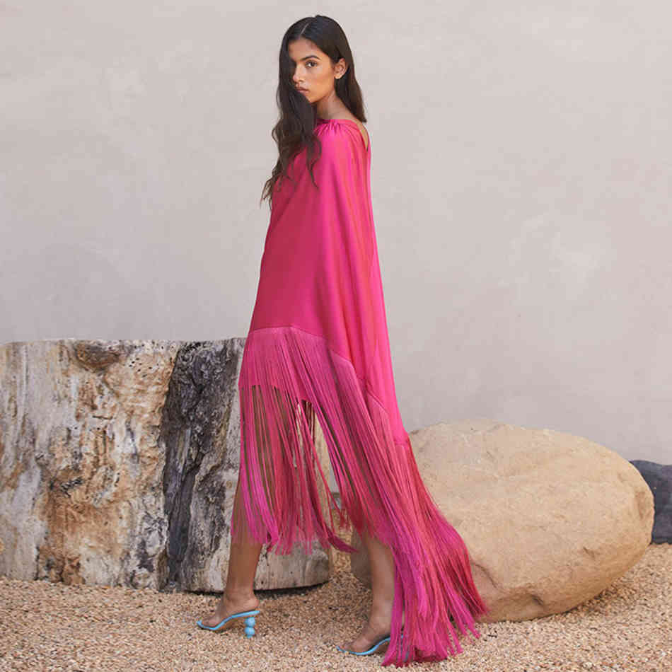 Free Chic Women Loose Dress Elegant O-Neck Spaghetti Strap Bodycon & Tassel Cloak Long Top Two Piece Set 210524