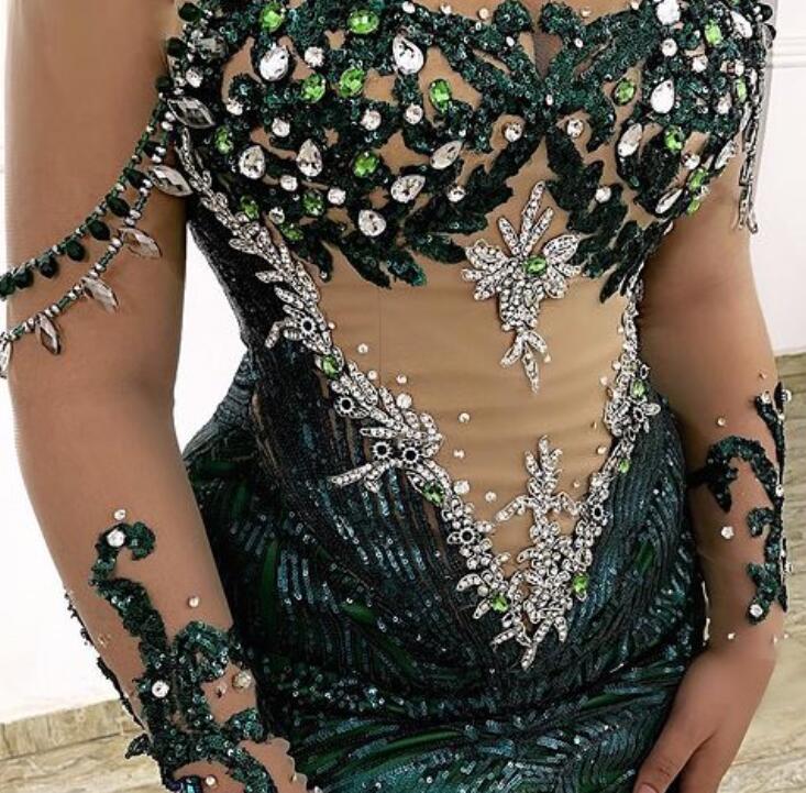 2021 Plus Size Arabic Aso Ebi Mermaid Sparkly Green Prom Dresses Crystals Lace Beaded Formal Evening Party Second Reception Gowns ZJ366
