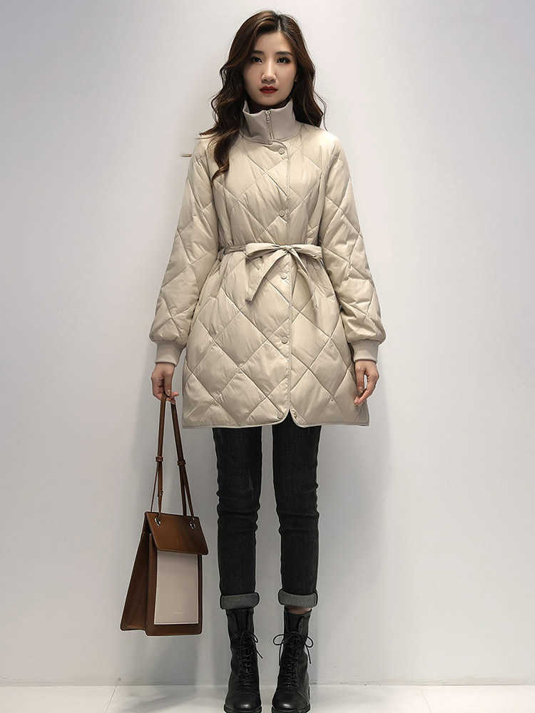 Schinteon Women Down Jacket Diamond 90% White Duck Down Coat Slim Winter Warm Outwear with Belt Fashion 210819