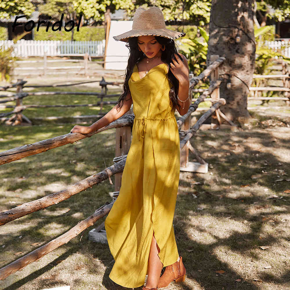 Foridol Drapped Neck Strap Wide Leg Loose Jumpsuits Romper Playsuits Women Summer Casual Beach Slit Yellow Cotton Overalls 210415