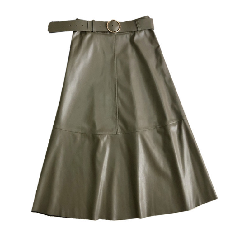 Autumn Winter Pu Leather Skirt Metal Splicing A- line womens within belt midi PU Long Women 210508