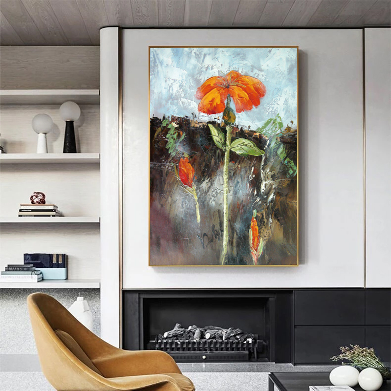 Red Flower Oil Painting Printed on Canvas Prints Landscape Wall Art Pictures for Living Room Home Decor Golden Indoor Decoration