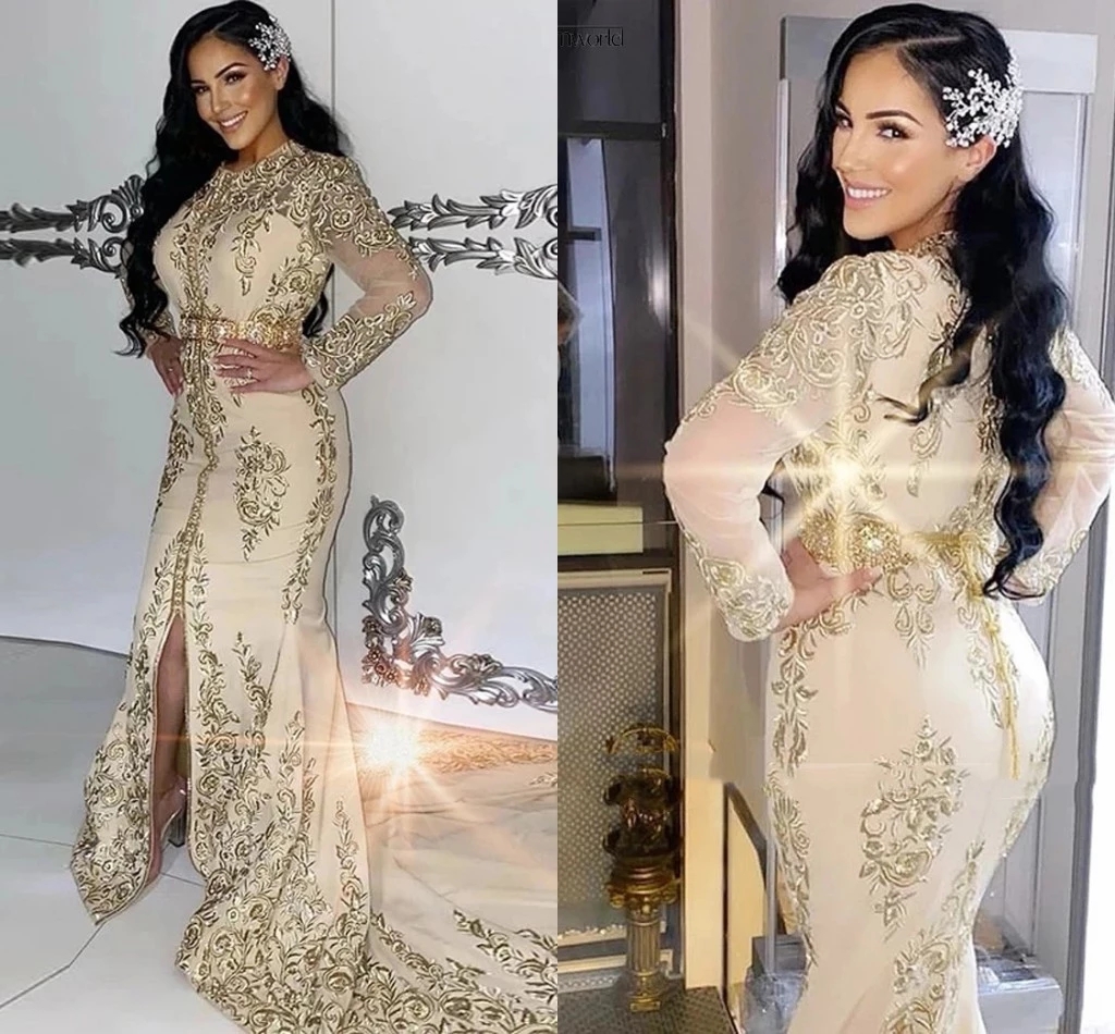 Formal Champagne Evening Mermaid Dresses 2022 Long Sleeves High Slit Caftan Marocain Embroidered Lace Arabic Prom Gowns Vestidos De Fiesta