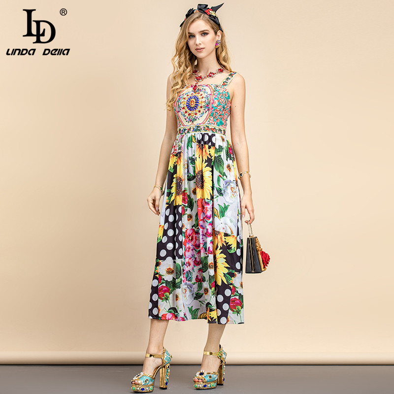 Summer Fashion Runway Holiday Elegant Dress Women Spaghetti Strap Floral Print patchwork Party Midi 210522