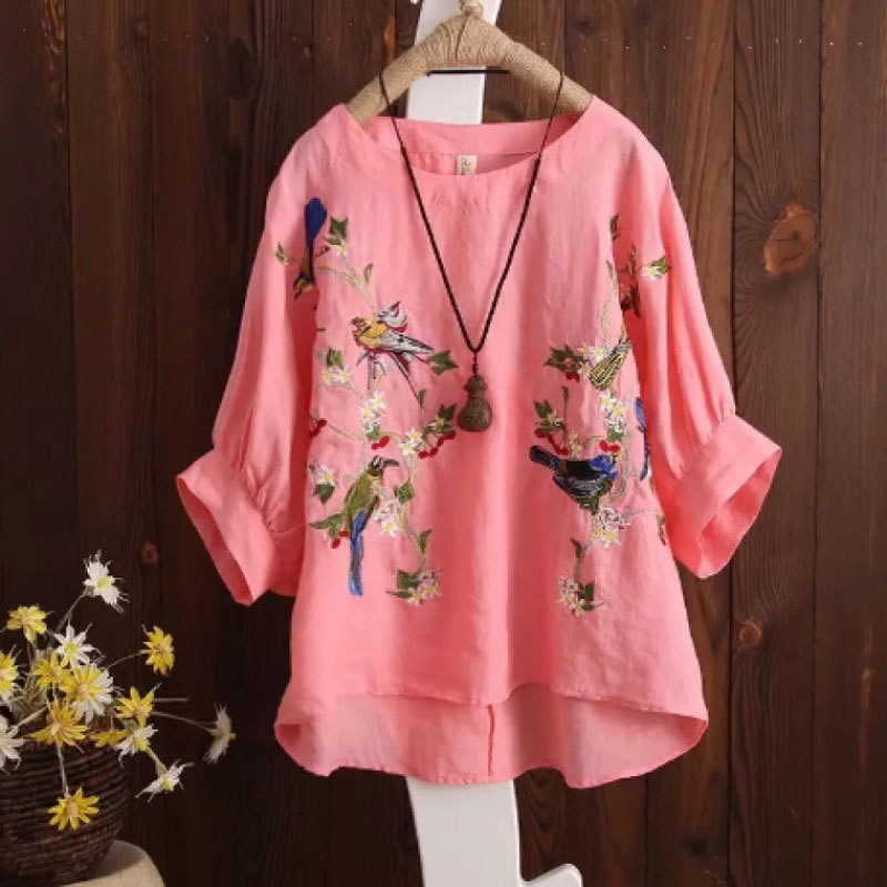 Summer Women Tshirt Plus Size Lantern Sleeve Loose Tee Shirt Femme cotton linen flower bird Embroidery Vintage Tops HXJ06 210512