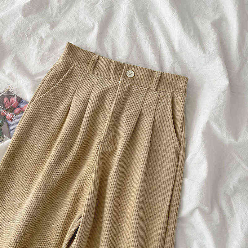 High Waist Corduroy Wide Leg Pants Female Vintage Brown Black Straight Trouser Without Belt Women Casual Harajuku Bottoms 211124Z