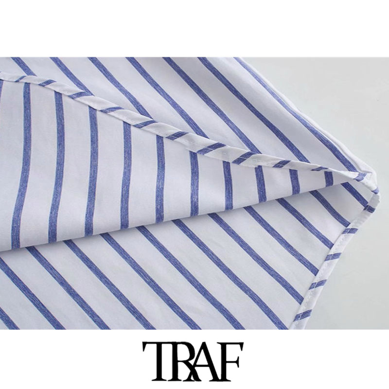 TRAF Women Fashion Office Wear Striped Loose Blouses Vintage Long Sleeve Pockets Female Shirts Chic Tops 210401