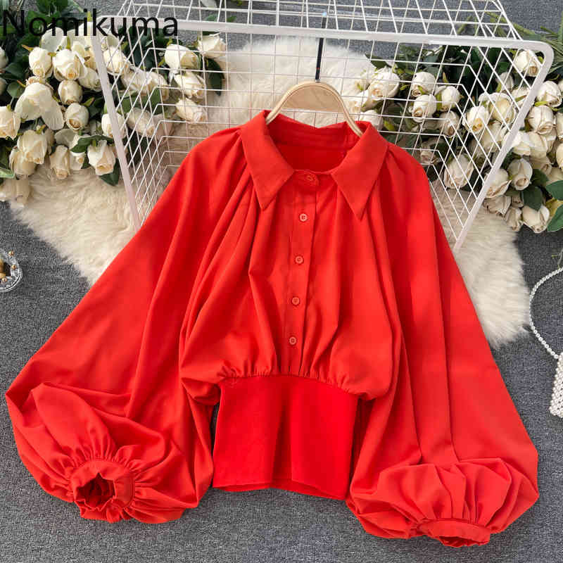 Nomikuma Women Blouses Korean Lantern Sleeve Turn-down Collar Shirt Causal Slim Waist Elegant Blusas Mujer De Moda 6G156 210427
