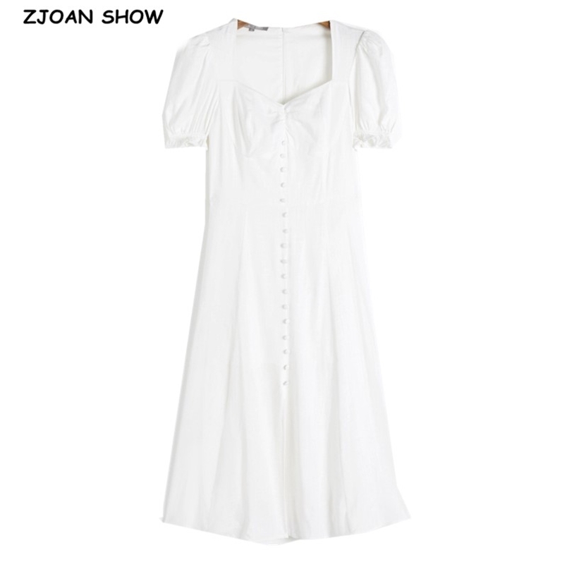 Summer Linen Square Collar Short sleeve Midi Dress White Women Buttons Slim Waist Swing Long Dresses Pullover Vestido 210429