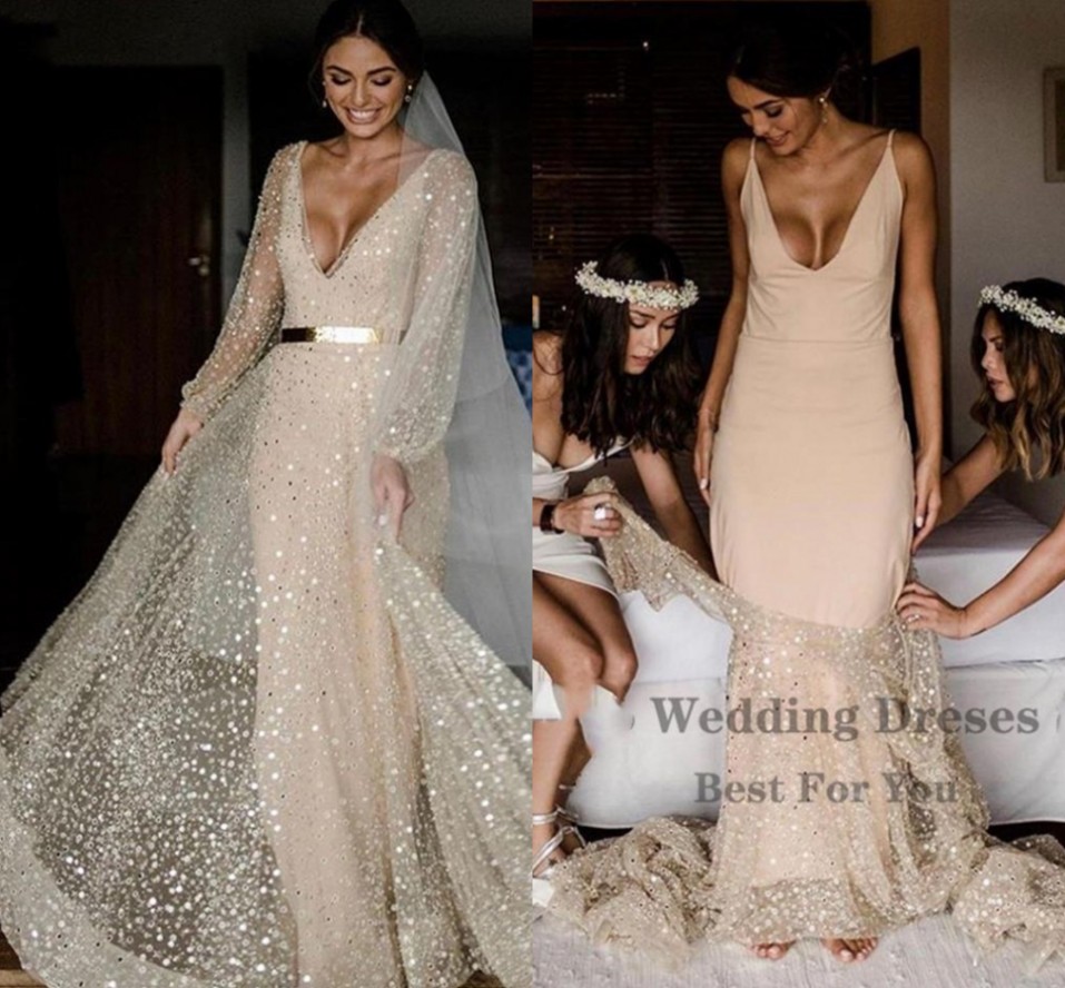 Boho Bride Gowns Champagne Glitter Two Pieces Wedding Dresses With Deatachable Coat Gold Sash 2022 Puff Long Sleeves V Neck robe de mariée