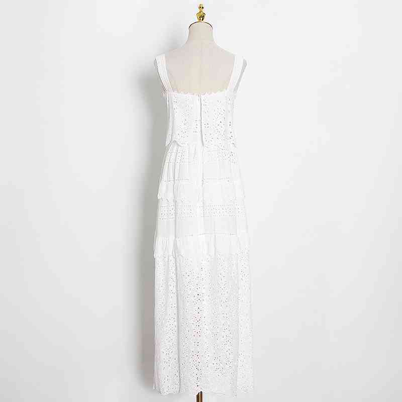 White Hollow Out Women's Dress Square Collar Sleeveless High Waist Ruched Elegant Dresses Female Clothing 210520