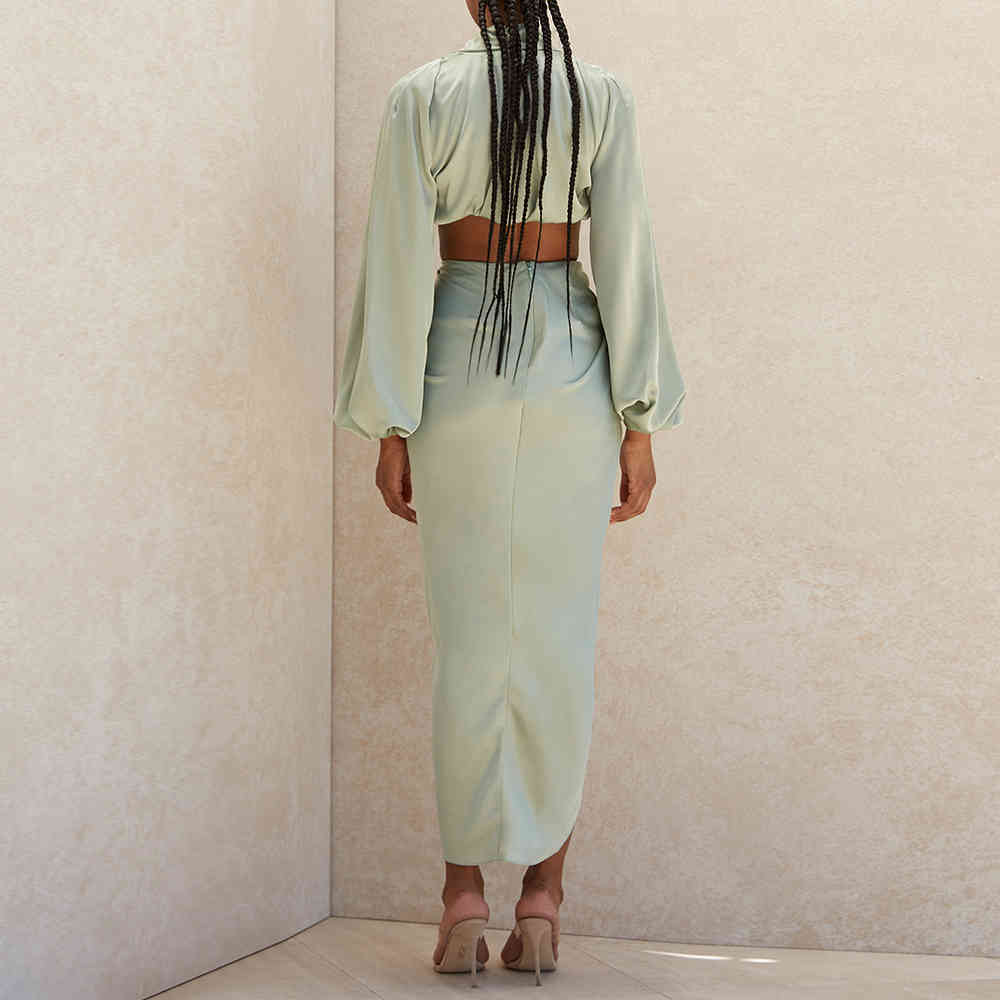 Summer Women Fashion Green V Neck 2 Two Pieces Sets Long Lantern Sleeve Tops& Skirts Celebrity Runway Party 210423