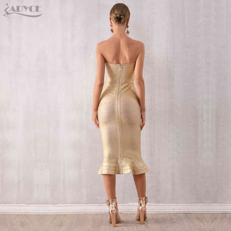 Summer Women Gold Runway Bandage Dress Vestido Sexy Sleeveless Strapless Club Elegant Celebrity Party 210423