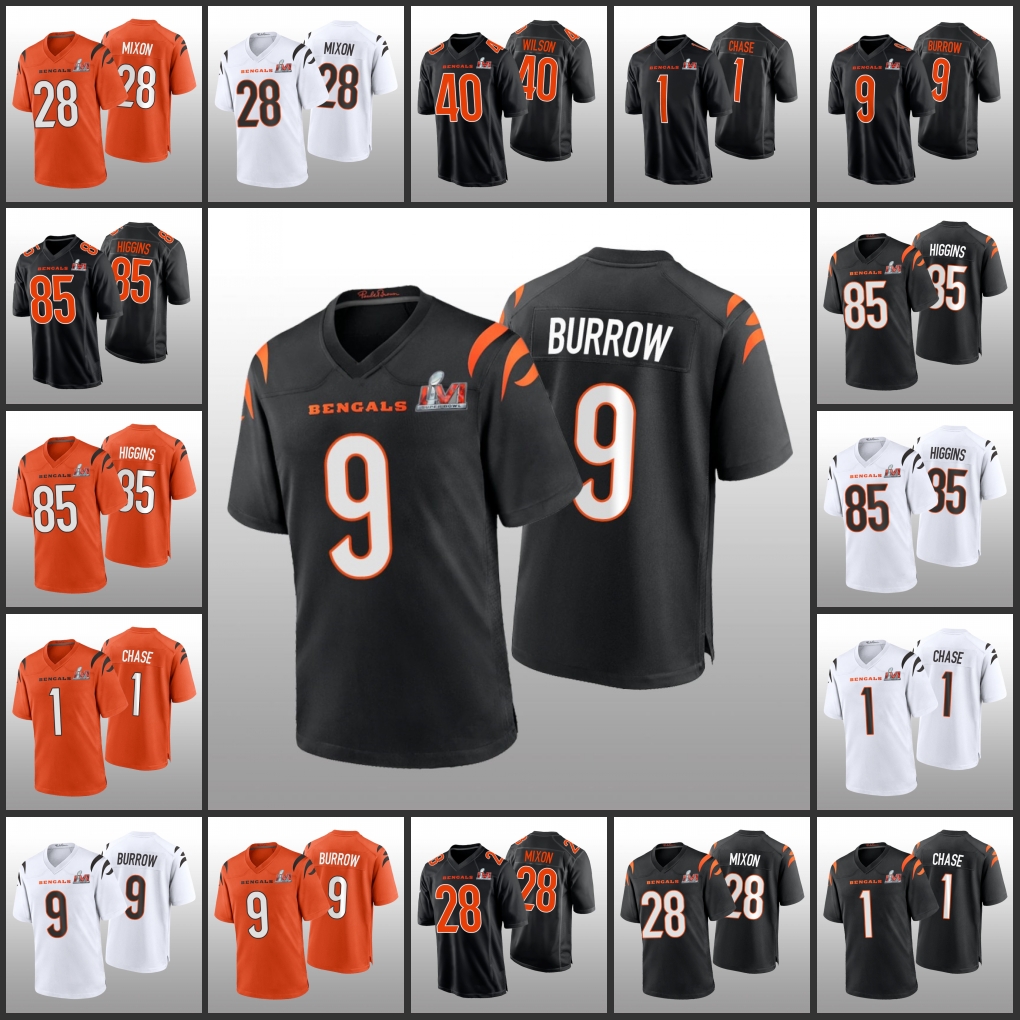 Cincinnati''Bengals''Men #1 Ja'Marr Chase 9 Joe Burrow 28 Joe Mixon 85 Tee Higgins Women Youth Super Bowl''LVI Black Game Fashion Jersey
Cincinnati''Bengals''Men #1 Ja'Marr Chase 9 Joe Burrow 28 Joe Mixon 85 Tee Higgins Women Youth Super Bowl''LVI Black Game Fashion Jersey