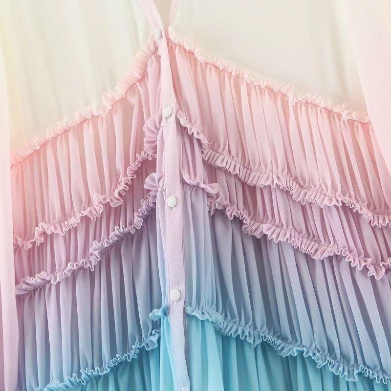 BOHO Gradient Rainbow Color Single-breasted Button Long Dress Sexy Women Holiday Wood ear Tassel Sleeve Ruffles Dresses 210429