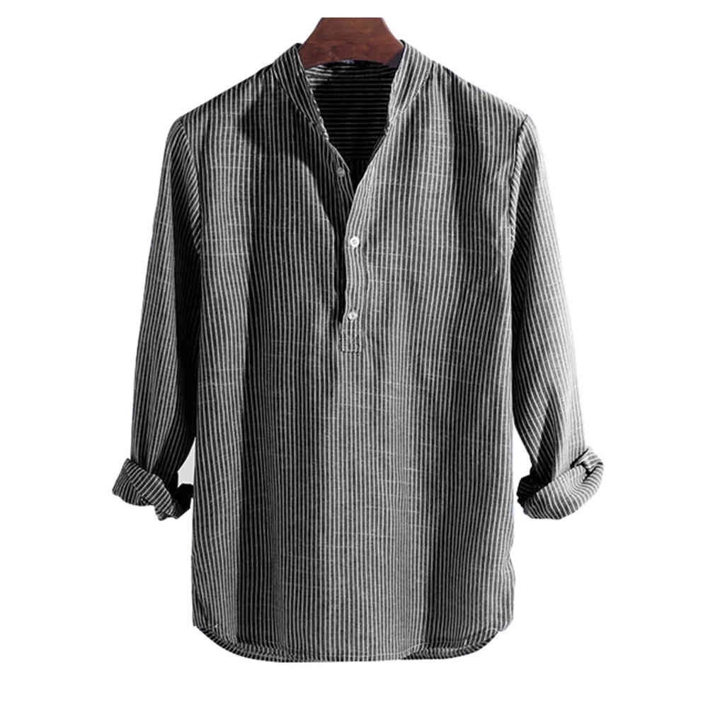 Helisopus New Cotton Long Sleeve Mens Shirts Spring Autumn Striped Slim Fit Stand Collar Shirt Male Clothes Plus Size 5XL 210410