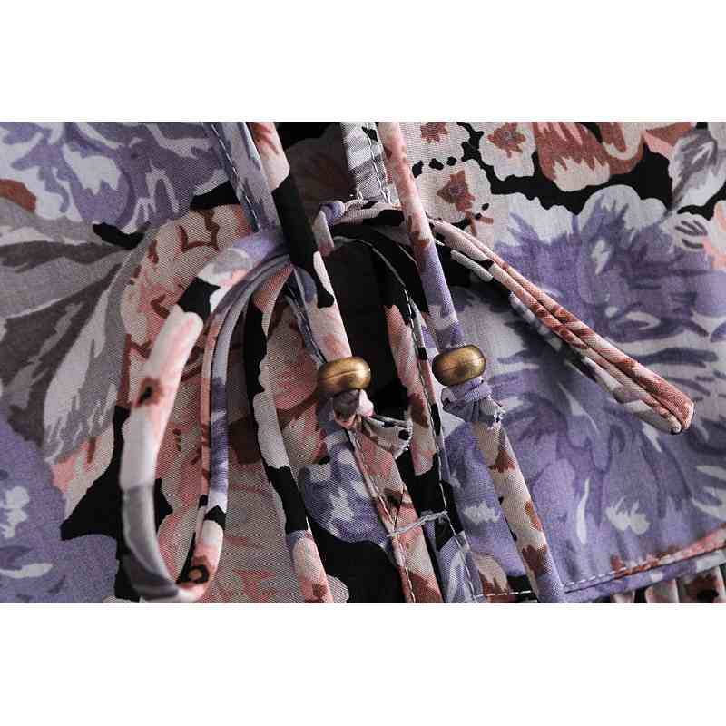 BOHO Lacing up V neck Purple Floral Print Maxi Long Cotton Dress Ethnic Woman Bandage Sleeve Dresses Holiday Vestido 210429