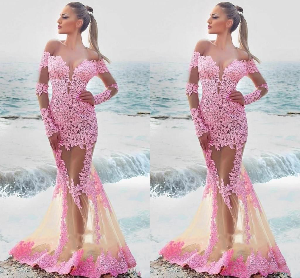 Berta Sexy Arabic See Through Mermaid Evening Dresses With Sheer Long Sleeves Jewel Neck Floor Length Pageant Pink Gown Custom Size