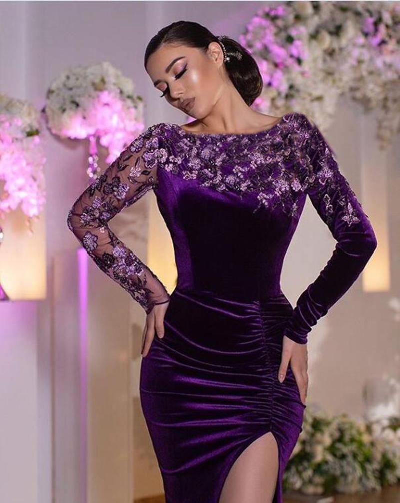Charming Evening Dress Long Sleeve Purple Velvet Sexy Side Split Mermaid Prom Dresses For Formal Occasions Custom Made Robe de mariée